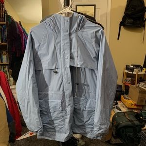 LL Bean rain jacket with cap on hood